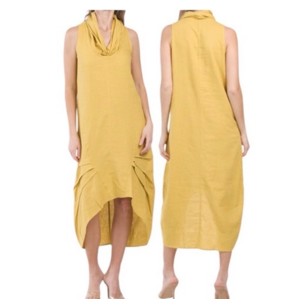 For Cynthia Mustard High Low Linen Blend  Dress